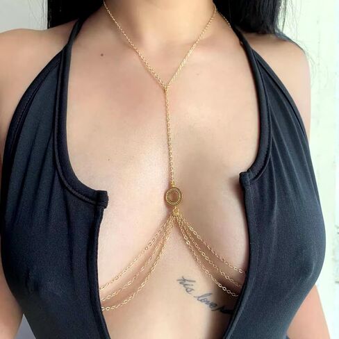 Circle Nipple Ring Body Chains for Women Sexy Choker Necklace Round with Layered Tassel Chains Non-Piercing Nipple Noose Adjustable Beach Bikini Body Chain Jewelry in Kuwait