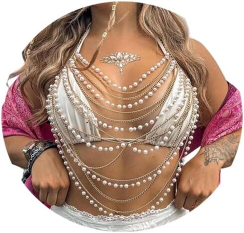 اللؤلؤة البيضاء شرابة الصدر سلسلة للنساء الصيف متعدد الطبقات تسخير مطرز سلسلة الصدرية مهرجان الهذيان اللؤلؤ شنق الرقبة الملابس الداخلية سلسلة الجسم مجوهرات in Kuwait