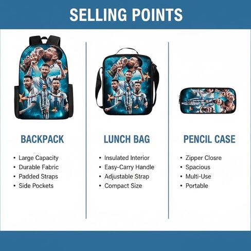 3 in 1 Soccer Star Print Backpack 17'' Large-Capacity Set With a Fashionable and Personalized Style is Exquisitely Designed and Widely Applicable, Making it an Ideal Choice in Kuwait