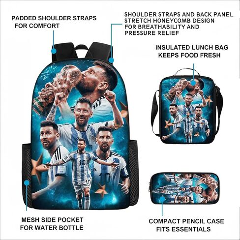 3 in 1 Soccer Star Print Backpack 17'' Large-Capacity Set With a Fashionable and Personalized Style is Exquisitely Designed and Widely Applicable, Making it an Ideal Choice in Kuwait