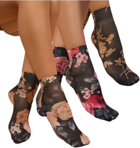 Sheer Floral Glass Socks Women, Sheer Ankle Socks with Designs, Nylon Ankle Socks, Womens Mesh Vintage Patterned Socks, Summer Funky Fashion Socks for Women, Cottagecore Clothing (3 Pairs) in Kuwait