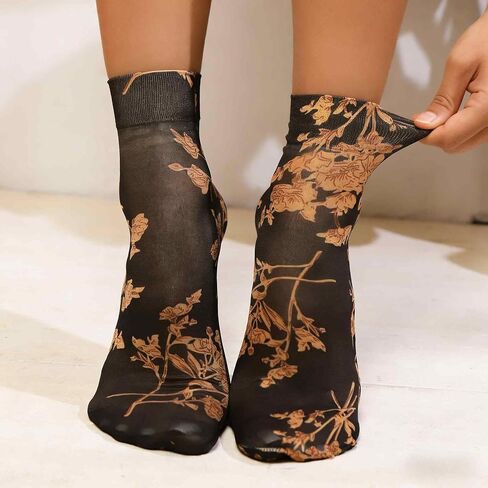 Sheer Floral Glass Socks Women, Sheer Ankle Socks with Designs, Nylon Ankle Socks, Womens Mesh Vintage Patterned Socks, Summer Funky Fashion Socks for Women, Cottagecore Clothing (3 Pairs) in Kuwait