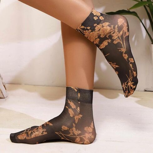 Sheer Floral Glass Socks Women, Sheer Ankle Socks with Designs, Nylon Ankle Socks, Womens Mesh Vintage Patterned Socks, Summer Funky Fashion Socks for Women, Cottagecore Clothing (3 Pairs) in Kuwait