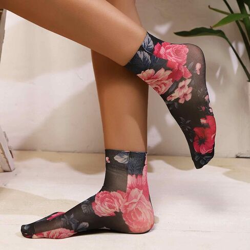 Sheer Floral Glass Socks Women, Sheer Ankle Socks with Designs, Nylon Ankle Socks, Womens Mesh Vintage Patterned Socks, Summer Funky Fashion Socks for Women, Cottagecore Clothing (3 Pairs) in Kuwait