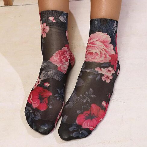 Sheer Floral Glass Socks Women, Sheer Ankle Socks with Designs, Nylon Ankle Socks, Womens Mesh Vintage Patterned Socks, Summer Funky Fashion Socks for Women, Cottagecore Clothing (3 Pairs) in Kuwait