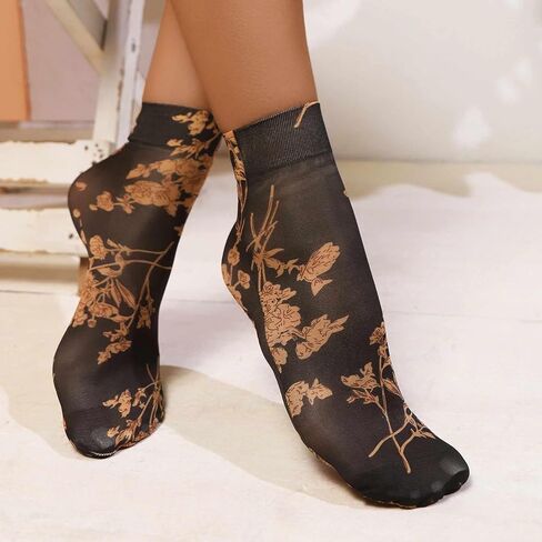 Sheer Floral Glass Socks Women, Sheer Ankle Socks with Designs, Nylon Ankle Socks, Womens Mesh Vintage Patterned Socks, Summer Funky Fashion Socks for Women, Cottagecore Clothing (3 Pairs) in Kuwait