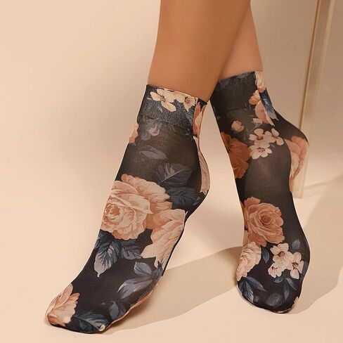 Sheer Floral Glass Socks Women, Sheer Ankle Socks with Designs, Nylon Ankle Socks, Womens Mesh Vintage Patterned Socks, Summer Funky Fashion Socks for Women, Cottagecore Clothing (3 Pairs) in Kuwait
