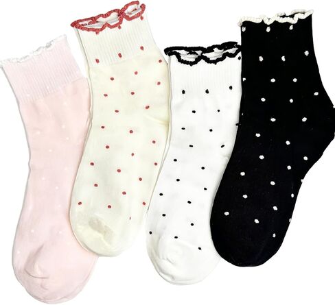 4 Pairs Womens Ruffle Polka Dot Ankle Socks Cute Frilly Trim Lettuce Cotton Socks Trendy Girly Aesthetic Casual Sock in Saudi Arabia