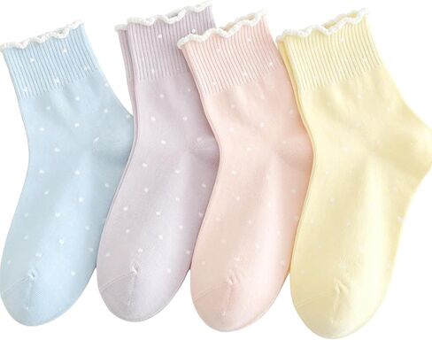 4 Pairs Womens Ruffle Polka Dot Ankle Socks Cute Frilly Trim Lettuce Cotton Socks Trendy Girly Aesthetic Casual Sock in Saudi Arabia