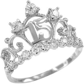 10K White Gold White Cubic Zirconia Studded Tiara Crown Sweet 15 Años Milgrain Quinceanera Statement Ring in Saudi Arabia