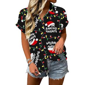 Christmas Hawaiian Shirts Women July Xmas Holiday Button Down Shirt Summer Santa Graphic Blouse Tops in Saudi Arabia