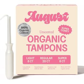 August Organic Tampons - Easy-Glide Long Applicators - Light, Regular, & Super - 36-Pack 100% Organic Cotton Tampons for Women, Non-Toxic, Fragrance-Free, and Hypoallergenic in Saudi Arabia