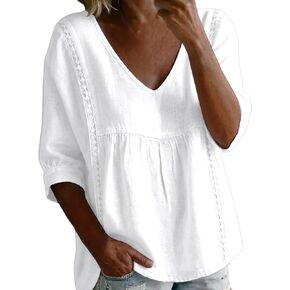 Women's Gauze Tops V Neck 3/4 Sleeve Lace Trim Cotton Linen Shirts Loose Fit Casual Travel Vacation Tunic Blouses in Saudi Arabia
