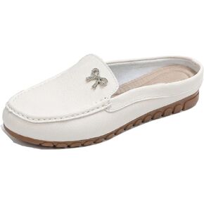 Women's Leather Rhinestone Bow Mules Comfortable Round Toe Backless Slip-On Moccasins Lightweight Everyday Office Walking Slippers. in Saudi Arabia