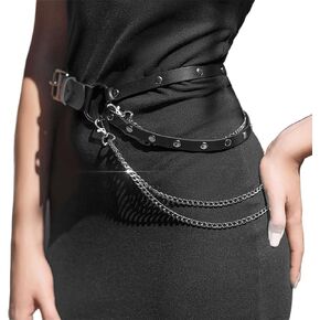 Women’s Adjustable Waist Belt with Chain Layer – Faux Leather Double Strap Belt with Alloy Ring – Minimalist Streetwear Accessory for Festival, Photoshoot, Outfit Styling(Fit waist 26.0-34.3in) in Saudi Arabia
