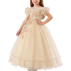 Flower Girl Dress Off-the-Shoulder Embroidered Tulle Pageant Formal Kids Girls Ball Gown Wedding Birthday Dresses in Saudi Arabia