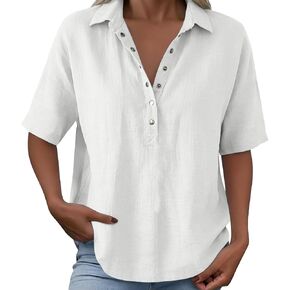 Womens Short Sleeve Henley Shirts Summer Collared Half Snaps V Neck Tops Dressy Casual Button Up Work Tunic Blouses in Kuwait