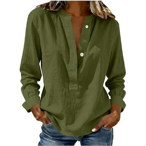 Cotton Linen Tops for Women Long Sleeve Button Up V Neck Casual Shirts Loose Fit Breathable Comfy Work Blouse in Kuwait
