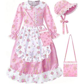 Colonial Costume Girls, Pioneer Dresses for Girls Ages 4-12 | Pioneer Costume, Floral Prairie Dress with Apron, Purse & Bonnet, Christmas Gift, Halloween Gifts ,Birthday Gift for Girls in Saudi Arabia