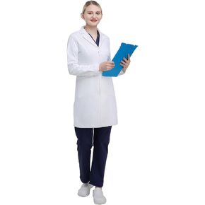 White Lab Coat Unisex Medical Coat with Notch Lapel 3 Pockets 35% Cotton 65% Polyester Wrinkle Resistant DK76 in Kuwait