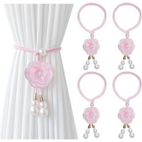 4 Pcs Curtain Tiebacks, Pink Flower Drapery Holdbacks with Faux Pearls String, No Drill Adjustable Wrap Around Window Drape Ties, for Living Room Bedroom Office in Saudi Arabia