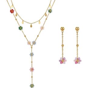 Flower Layered Necklace and Earrings Set, 16K Gold Plated Stainless Steel Y-Shaped Lariat Necklace with Colorful Flower Charms Dainty Drop Earrings Jewelry Set for Women Gifts in Saudi Arabia