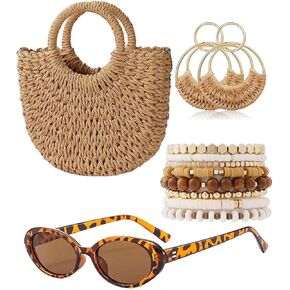 4 Pcs Summer Beach Accessories Set for Women, Straw Handbag + Leopard Print Oval Sunglasses + Boho Stackable Beaded Bracelets + Raffia Woven Hoop Earrings, Vacation Pool Party Outfit Gift in Saudi Arabia
