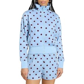 Womens Satin Polka Dot Top Funnel Neck Zip Up Fall Spring Jacket Slim Fit Cropped Trendy Sport Coat with Pockets in Saudi Arabia