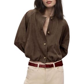 Daacee Women Faux Suede Cropped Jacket Vintage Button Front Round Neck Short Jackets Streetwear Outerwear in Saudi Arabia