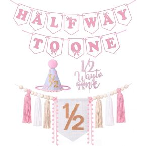 1/2 Birthday Girl Decorations, Half Way to One Baby Girl Banner, Hat, Cake Topper & Tassel Garland, 6 Month Birthday Decorations Girl, Half Birthday Party Supplies in Saudi Arabia
