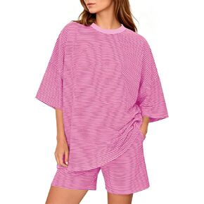 MSBESYOR Women 2 Piece Striped Lounge Set Short Sleeve Oversized T-Shirt Pjs Shorts Casual Matching Pajamas Set in Saudi Arabia