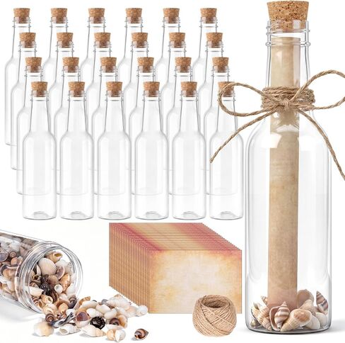 Wenqik 25 Set Message Bottle Kit 5.6oz Plastic Potion Bottles with Corks Letter Paper Sea Shells Vintage Ocean Message Bottle Set DIY Crafts Gift for Wedding Birthday Beach Party Invitations in Kuwait