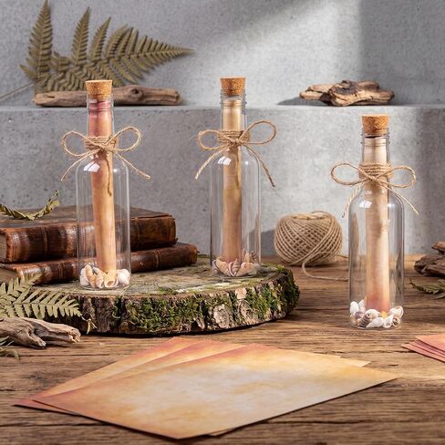 Wenqik 25 Set Message Bottle Kit 5.6oz Plastic Potion Bottles with Corks Letter Paper Sea Shells Vintage Ocean Message Bottle Set DIY Crafts Gift for Wedding Birthday Beach Party Invitations in Kuwait