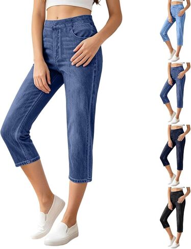 Womens Capri Jeans 2026 Summer High Waisted Pull On Straight Leg Stretchy Boyfriend Denim Capris Pants with Pockets in Saudi Arabia