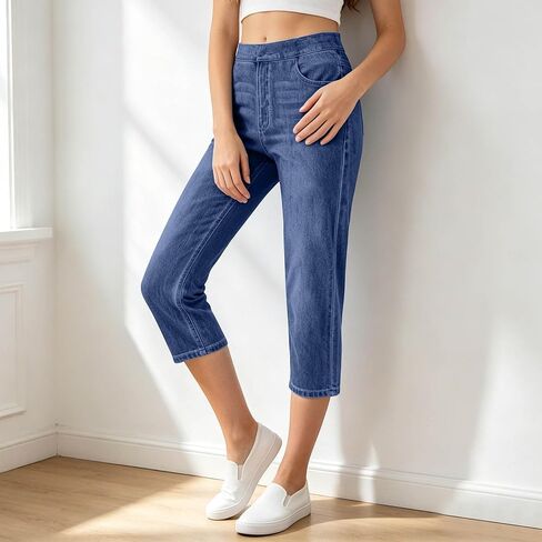 Womens Capri Jeans 2026 Summer High Waisted Pull On Straight Leg Stretchy Boyfriend Denim Capris Pants with Pockets in Saudi Arabia