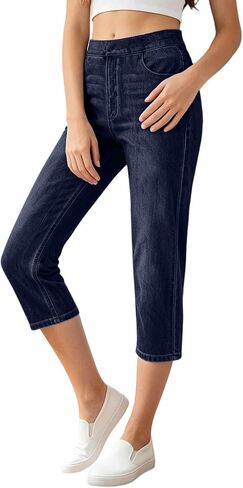 Womens Capri Jeans 2026 Summer High Waisted Pull On Straight Leg Stretchy Boyfriend Denim Capris Pants with Pockets in Saudi Arabia