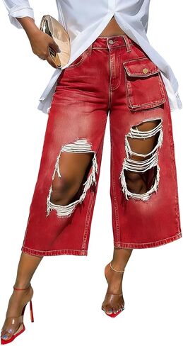 Women Ripped Cargo Jeans Baggy Wide Leg Destroyed Capris Denim Pants High Waist Distressed Cropped Trousers Streetwear in Saudi Arabia