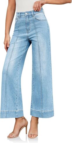 Cicy Bell Baggy Wide Leg Jeans for Women High Waisted Cropped Trendy Jeans Stretchy Front Seam Denim Pants with Pockets in Kuwait