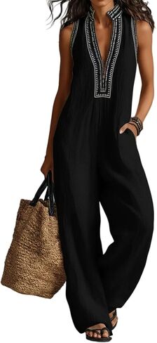 Famnbro Womens Sleeveless Linen Jumpsuits Mock Neck Zip Wide Leg Romper Casual Summer Vacation Party Outfit in Kuwait