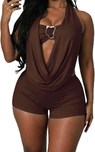 Womens Sexy Deep V-Neck Sleeveless Jumpsuits Low Back Lace Up Bodycon Short Romper in Saudi Arabia