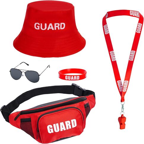 cnomg 5Pcs Guard Costume Set Lifeguard Costume Accessories Hat Sunglasses Whistle Fanny Pack for Halloween Beach Dress up Party in Kuwait