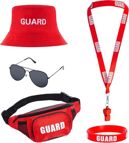 cnomg 5Pcs Guard Costume Set Lifeguard Costume Accessories Hat Sunglasses Whistle Fanny Pack for Halloween Beach Dress up Party in Kuwait