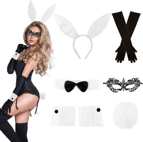 6 Pcs Women Sexy Bunny Costume Satin Bunny Ears, Long Black Gloves, Lace Eye Mask, Bow Tie, White Cuffs & Plush Tail in Saudi Arabia