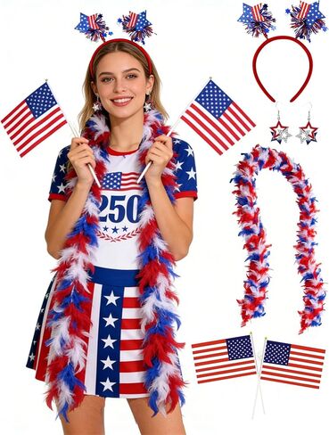 4th of July Costume Accessories 250 anniversary Women Feather Boa Independence Day Unisex USA Flag Patriotic Outfits in Saudi Arabia