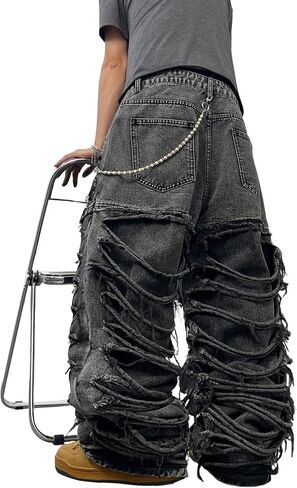 DFGIGT Mens Baggy Jeans Y2k Wide Leg Skater Denim Pants Stacked Ripped Jeans Casual Loose Long Trousers Streetwear in Saudi Arabia