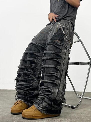 DFGIGT Mens Baggy Jeans Y2k Wide Leg Skater Denim Pants Stacked Ripped Jeans Casual Loose Long Trousers Streetwear in Saudi Arabia