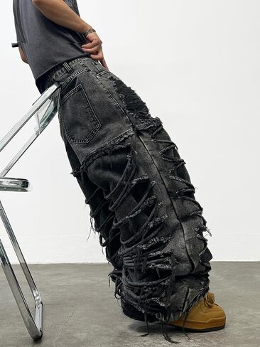 DFGIGT Mens Baggy Jeans Y2k Wide Leg Skater Denim Pants Stacked Ripped Jeans Casual Loose Long Trousers Streetwear in Saudi Arabia