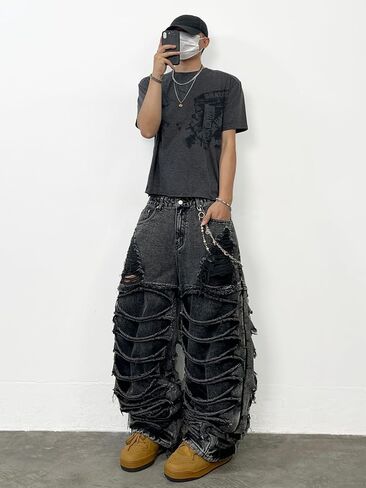 DFGIGT Mens Baggy Jeans Y2k Wide Leg Skater Denim Pants Stacked Ripped Jeans Casual Loose Long Trousers Streetwear in Saudi Arabia