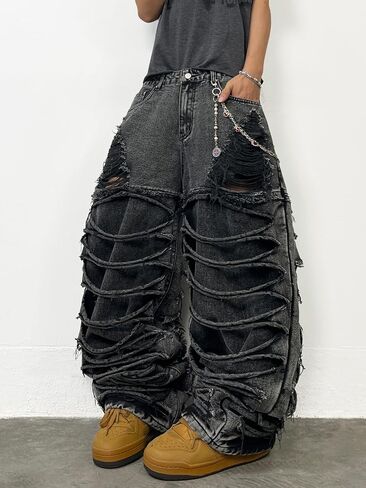 DFGIGT Mens Baggy Jeans Y2k Wide Leg Skater Denim Pants Stacked Ripped Jeans Casual Loose Long Trousers Streetwear in Saudi Arabia