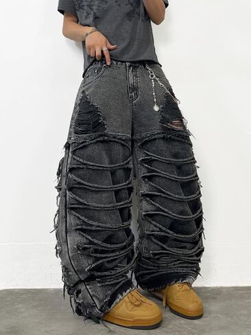 DFGIGT Mens Baggy Jeans Y2k Wide Leg Skater Denim Pants Stacked Ripped Jeans Casual Loose Long Trousers Streetwear in Saudi Arabia